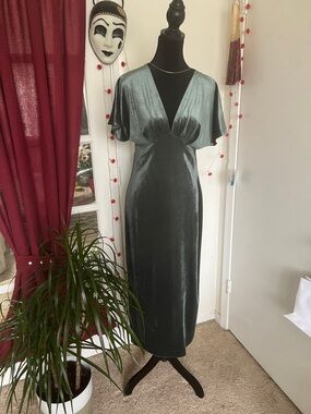 Zara Slate Green Velvet Midi Dress with Flutter Sleeves